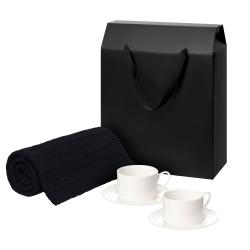 Подарочный набор Mokko, Fado, темно-синий в черной коробке-пакете (две чайных пары, плед)