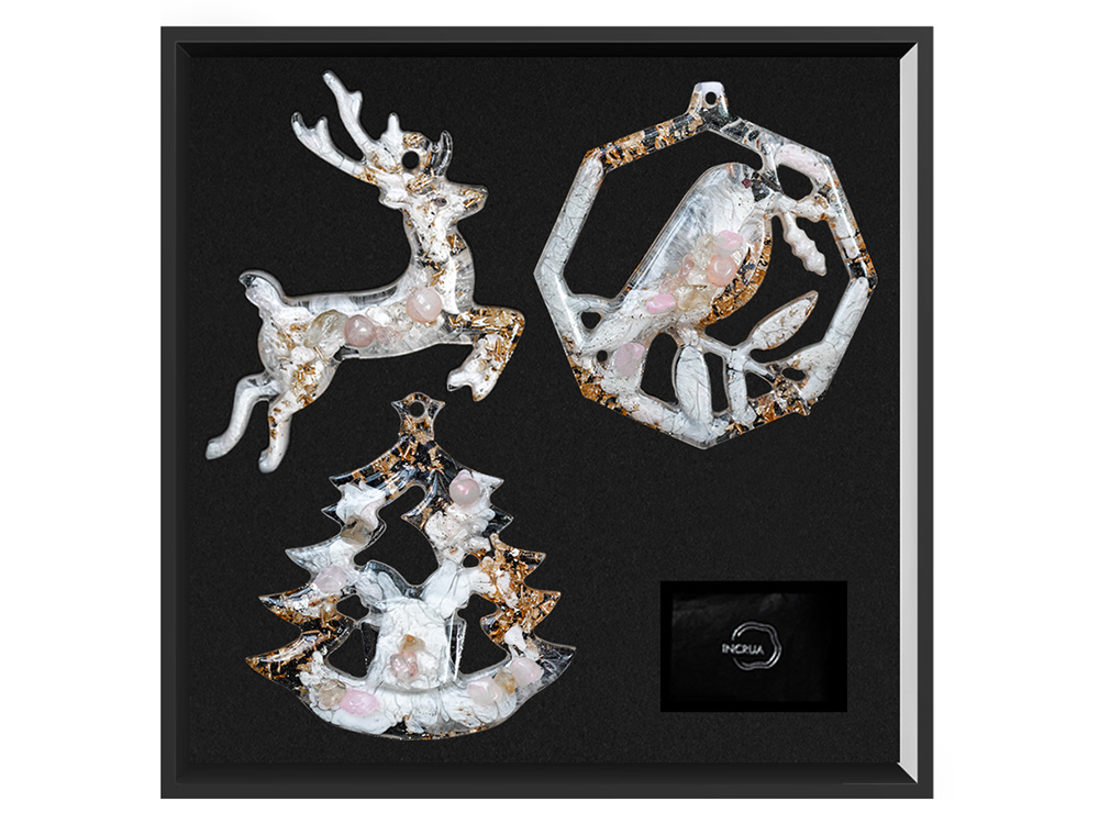 Елочные игрушки ( Снегирь+ Олень+ Ель) Розовый кварц