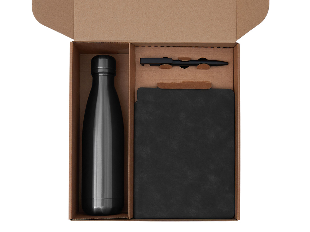 Подарочный набор с термобутылкой, блокнотом, ручкой и чаем, черный