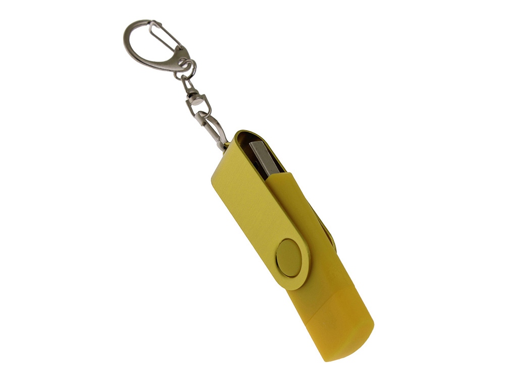 USB-флешка на 64 Гб 2 в 1 поворотный механизм, c дополнительным разъемом Type-C с одноцветным металлическим клипом, желтый