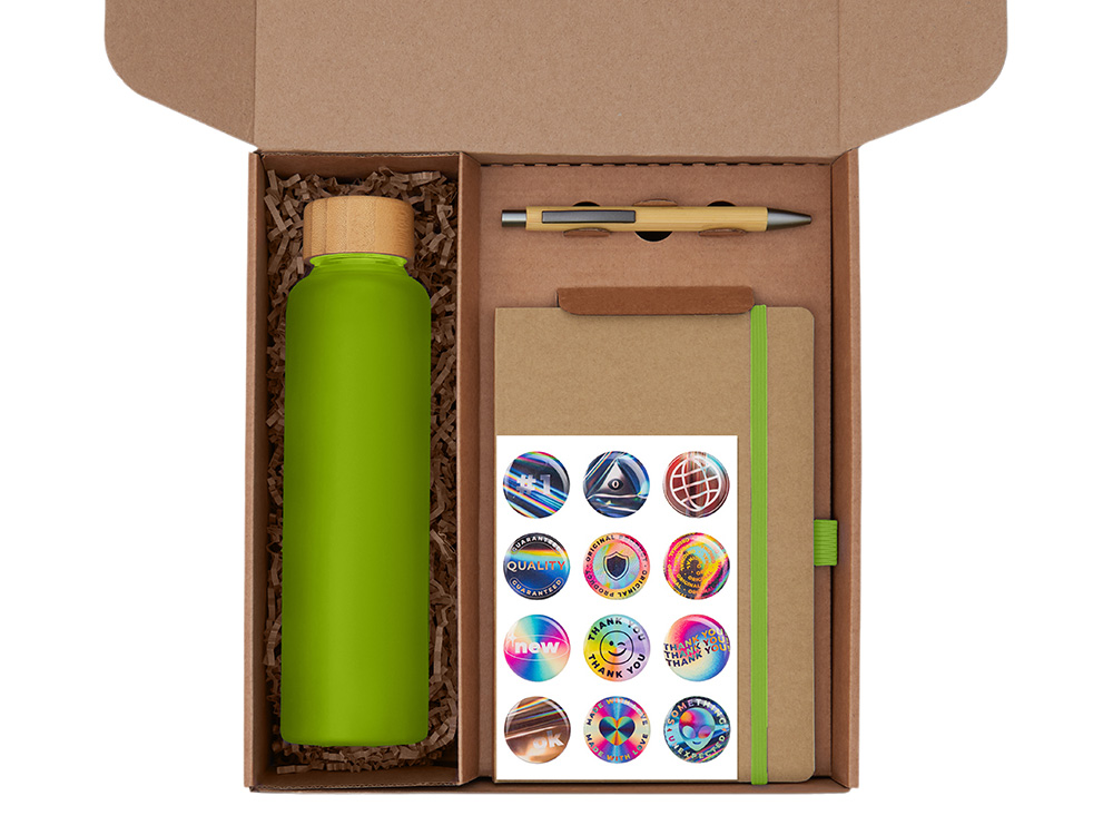 Подарочный набор с бутылкой для воды. блокнотом, ручкой и подставкой для телефона, зеленое яблоко
