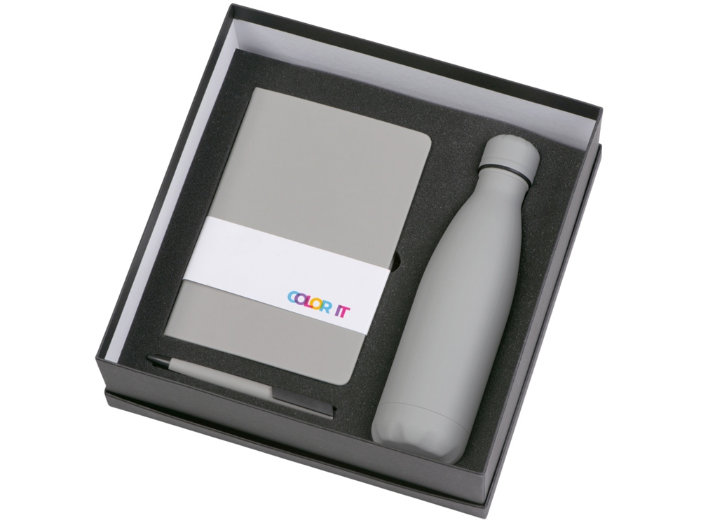 Подарочный набор c блокнотом C2, ручкой и термобутылкой, серый