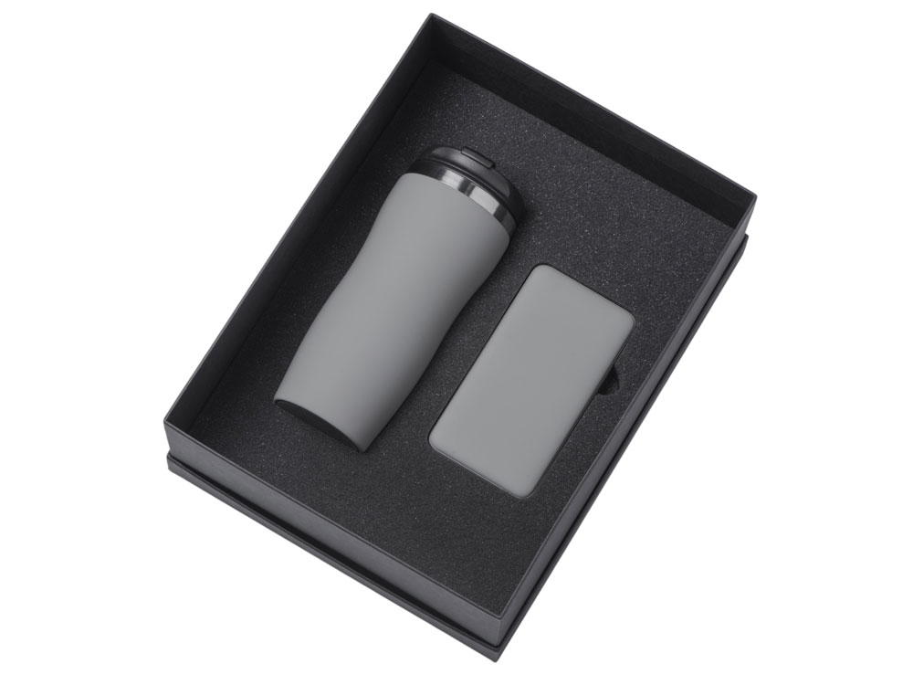 Подарочный набор c вакуумной термокружкой и повербанком С2, серый