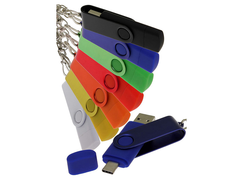 USB-флешка на 32 Гб 2 в 1 поворотный механизм, c дополнительным разъемом Type-C с одноцветным металлическим клипом, оранжевый