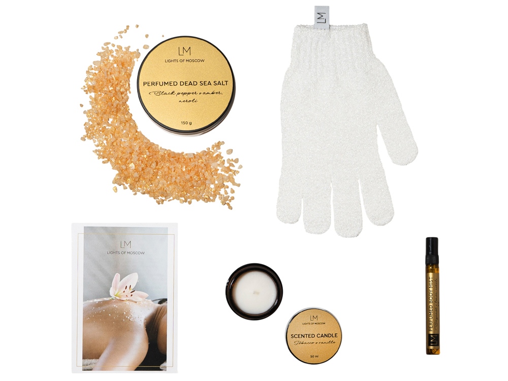 Парфюмированный спа-набор с лого Lights of Moscow, янтарный Парфюмированный спа-набор с лого Lights of Moscow, янтарный