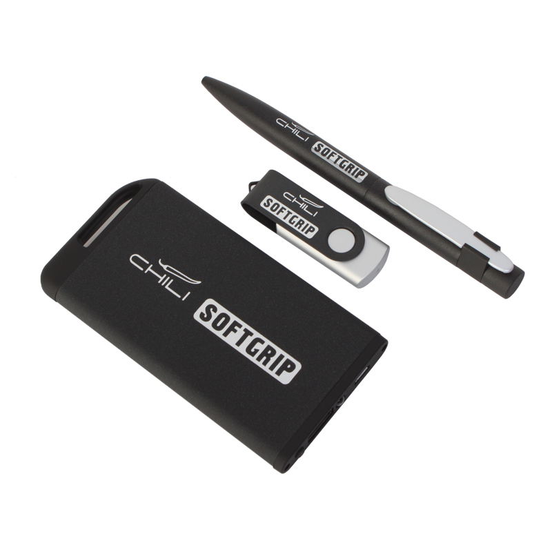 Набор ручка + флеш-карта 16Гб + зарядное устройство 4000 mAh в футляре, покрытие softgrip