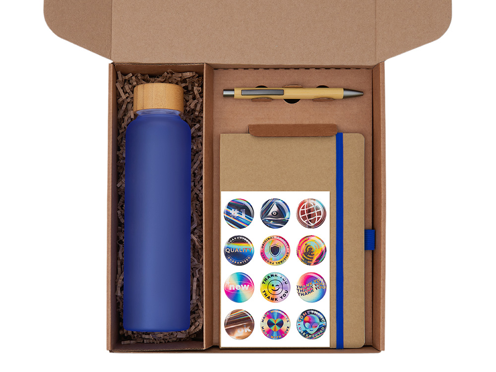 Подарочный набор с бутылкой для воды. блокнотом, ручкой и подставкой для телефона, синий Подарочный набор с бутылкой для воды. блокнотом, ручкой и подставкой для телефона, синий