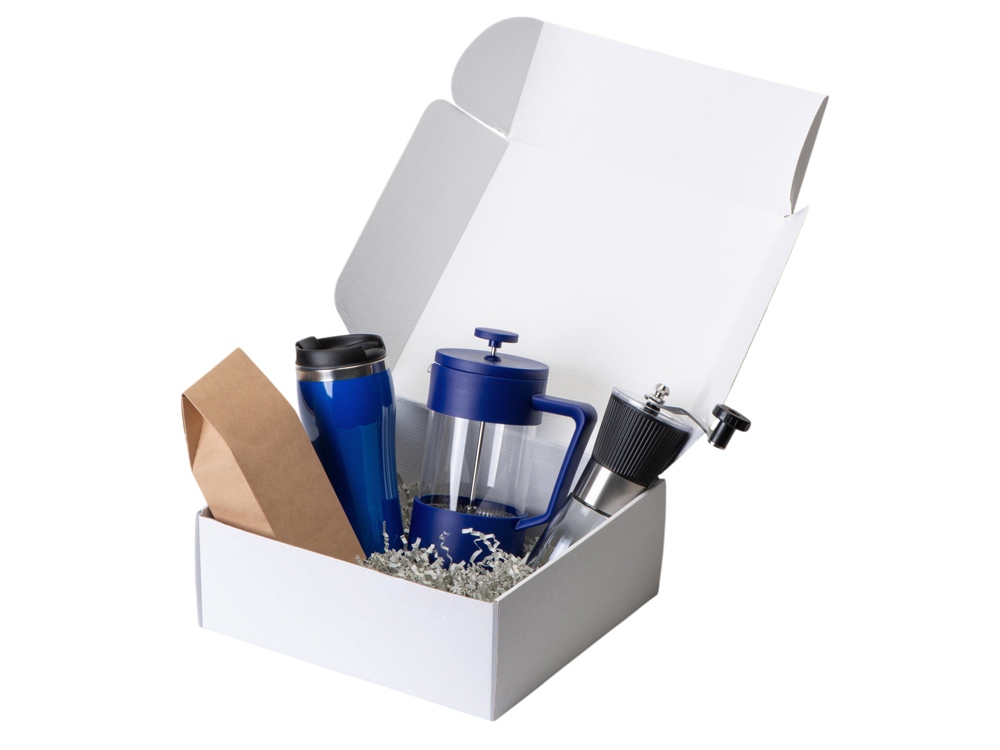 Подарочный набор с кофе, кружкой и френч-прессом Бодрое утро 2.0, синий