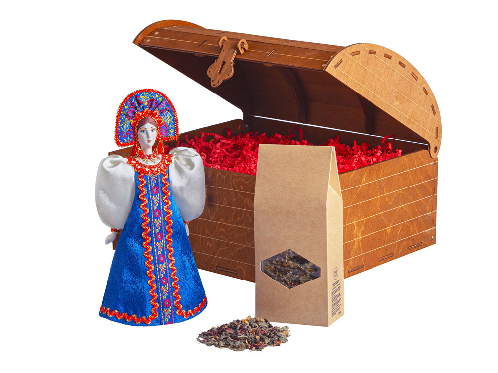 Подарочный набор: кукла фарфоровая, чай Малина с мятой, синий