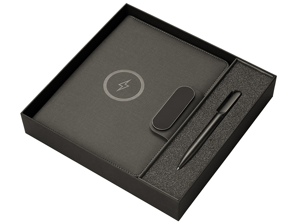 Подарочный набор металлическая ручка и блокнот А5 Twilight  со светящимся логотипом и пауэрбэнком