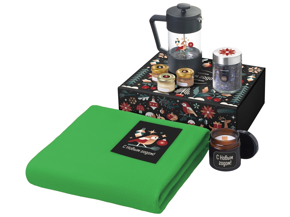 Подарочный набор c пледом, френчпрессом, чаем и медом, зеленый