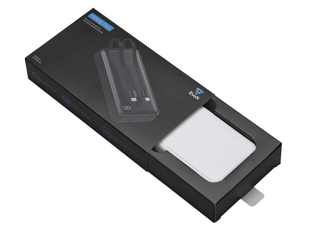 Внешний аккумулятор со встроенными кабелями Фрэйм Про, быстрая зарядка, 20000мач, белый