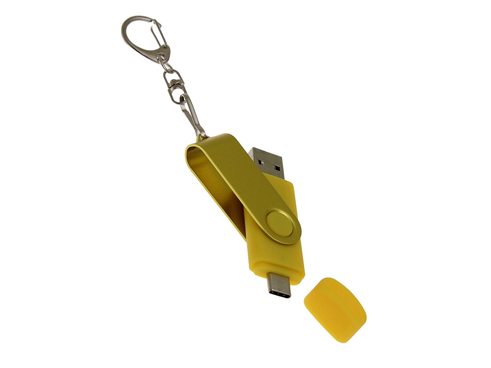 USB-флешка на 64 Гб 2 в 1 поворотный механизм, c дополнительным разъемом Type-C с одноцветным металлическим клипом, желтый