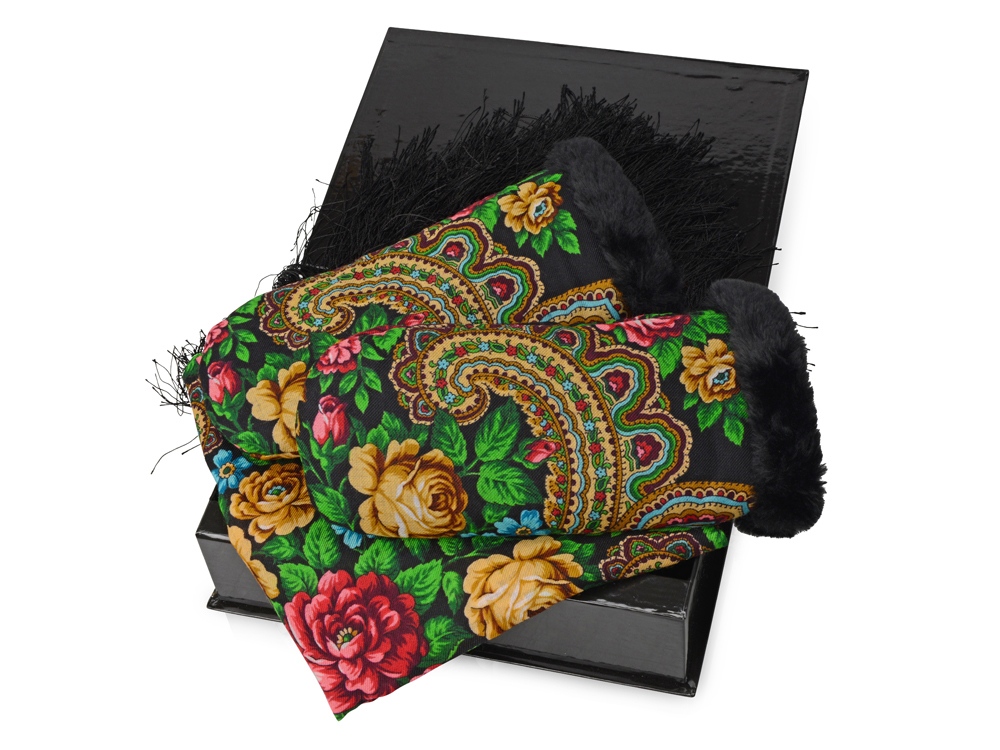 Набор: Павлопосадский платок, рукавицы, черный/разноцветный