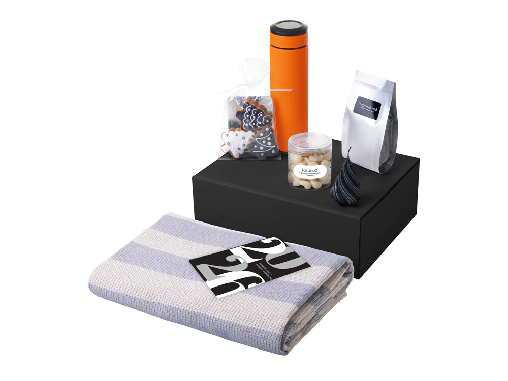 Подарочный набор c пледом, термосом, свечой и миндалем, оранжевый