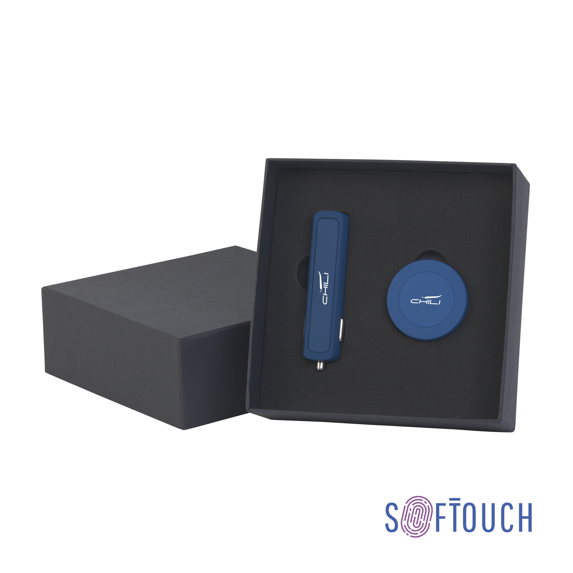 Набор автомобильное зарядное устройство "Slam" + магнитный держатель для телефона "Allo" в футляре, покрытие soft touch