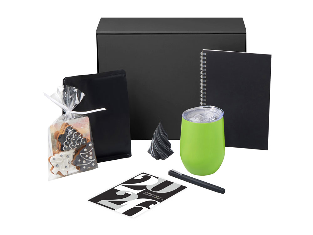 Подарочный набор c термокружкой, блокнотом, ручкой и свечкой, зеленое яблоко
