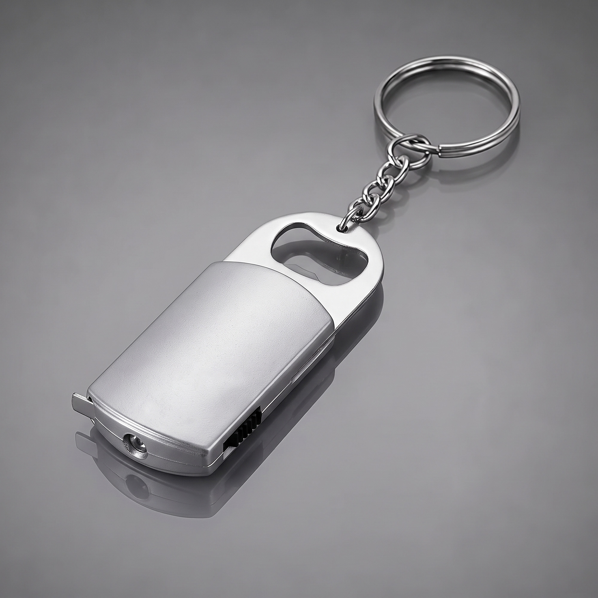Брелок-открывалка с рулеткой и фонариком Open, серебристый
