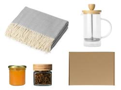 Подарочный набор с пледом, френчпрессом, чаем и вареньем, серый