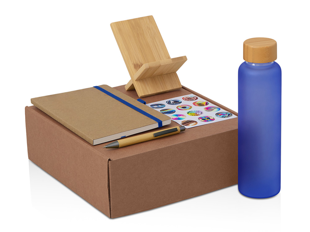 Подарочный набор с бутылкой для воды. блокнотом, ручкой и подставкой для телефона, синий Подарочный набор с бутылкой для воды. блокнотом, ручкой и подставкой для телефона, синий