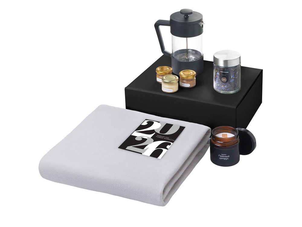 Подарочный набор c пледом, френчпрессом, чаем и медом, серый