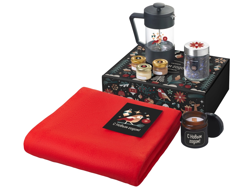 Подарочный набор c пледом, френчпрессом, чаем и медом, красный
