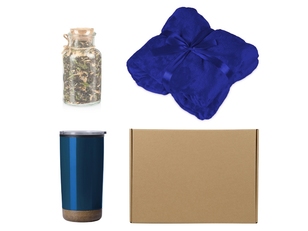 Подарочный набор с пледом, термокружкой и чаем, синий Подарочный набор с пледом, термокружкой и чаем, синий
