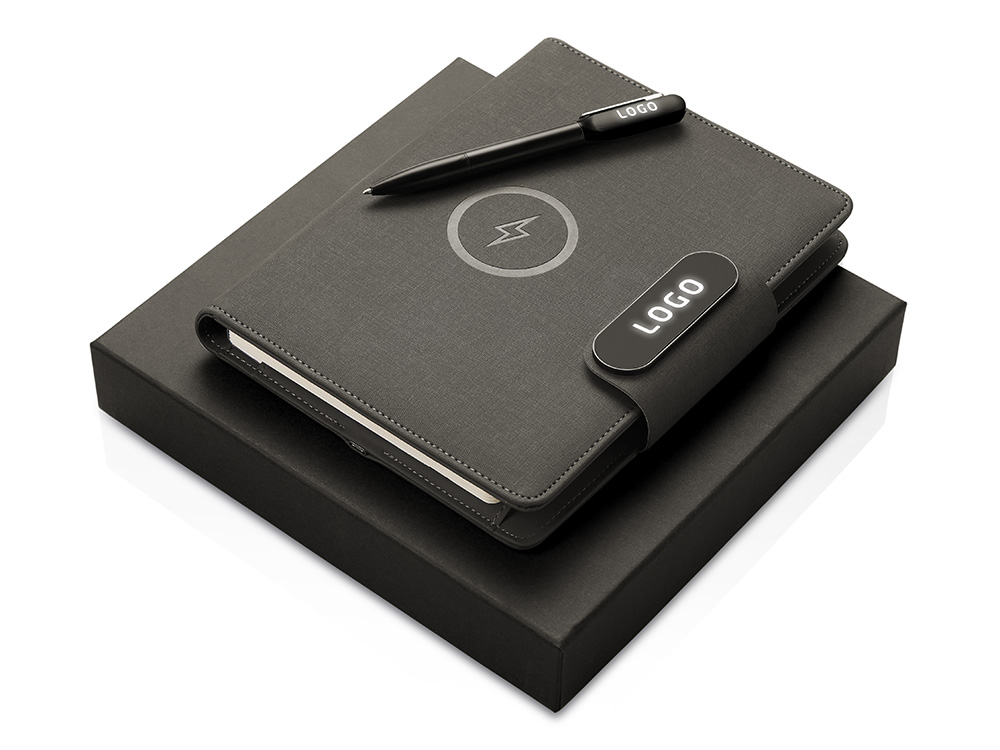 Подарочный набор металлическая ручка и блокнот А5 Twilight  со светящимся логотипом и пауэрбэнком