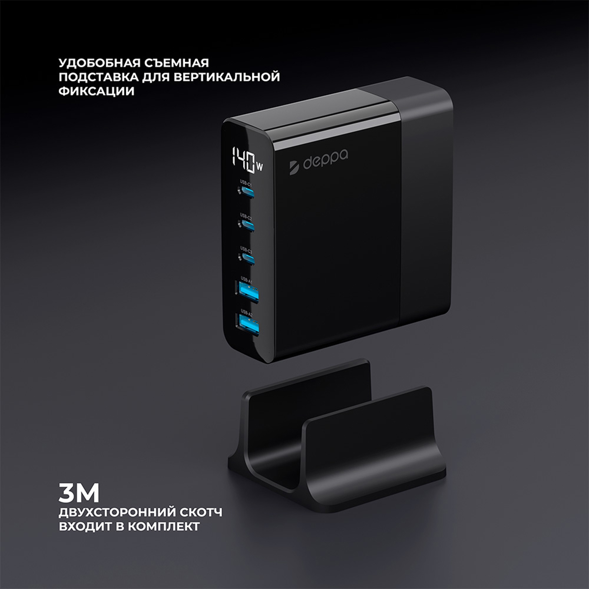 Зарядная станция 3xUSB Type-C, 2xUSB, PD, QC, 140Вт, черный, Deppa