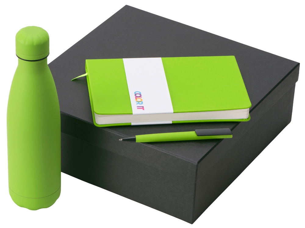 Подарочный набор c блокнотом C2, ручкой и термобутылкой, зеленое яблоко