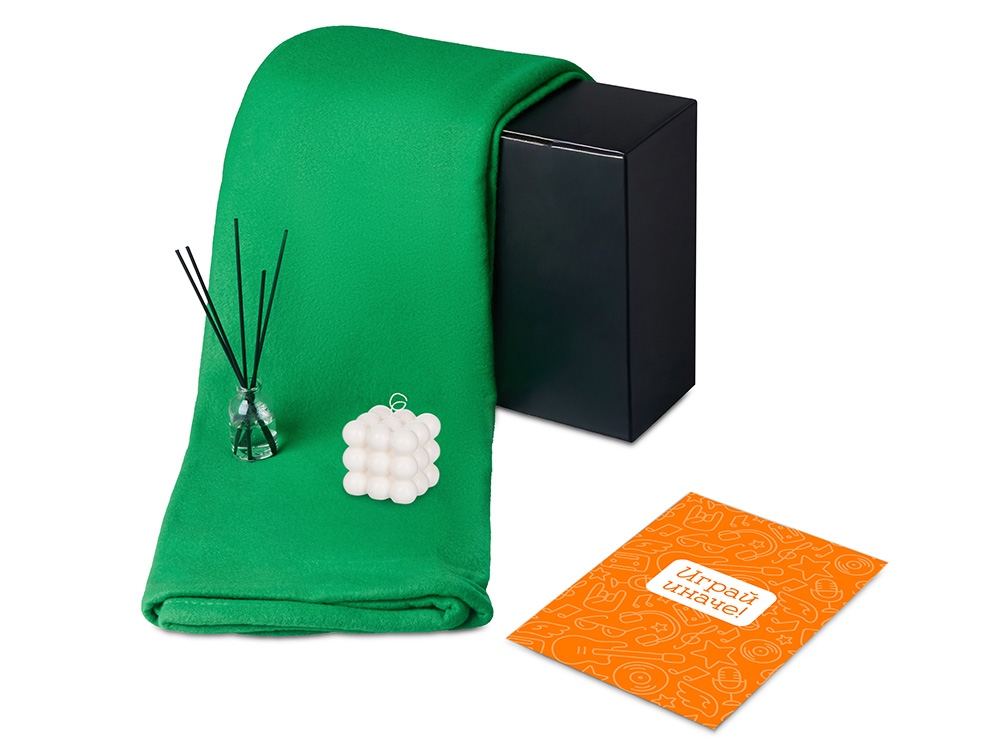 Подарочный набор с пледом, свечой и диффузором, зеленый