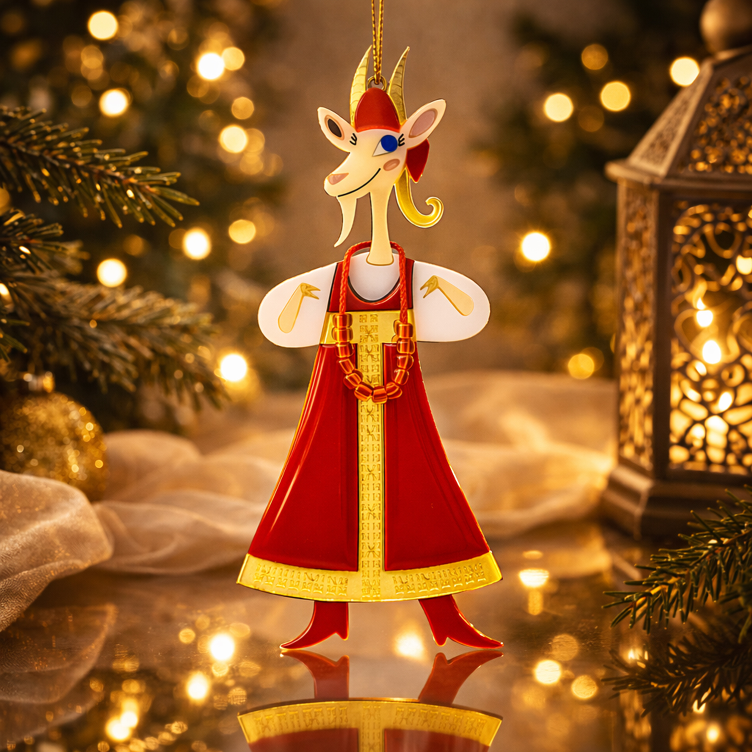 Ёлочная игрушка Коза в сарафане (красный с белым)