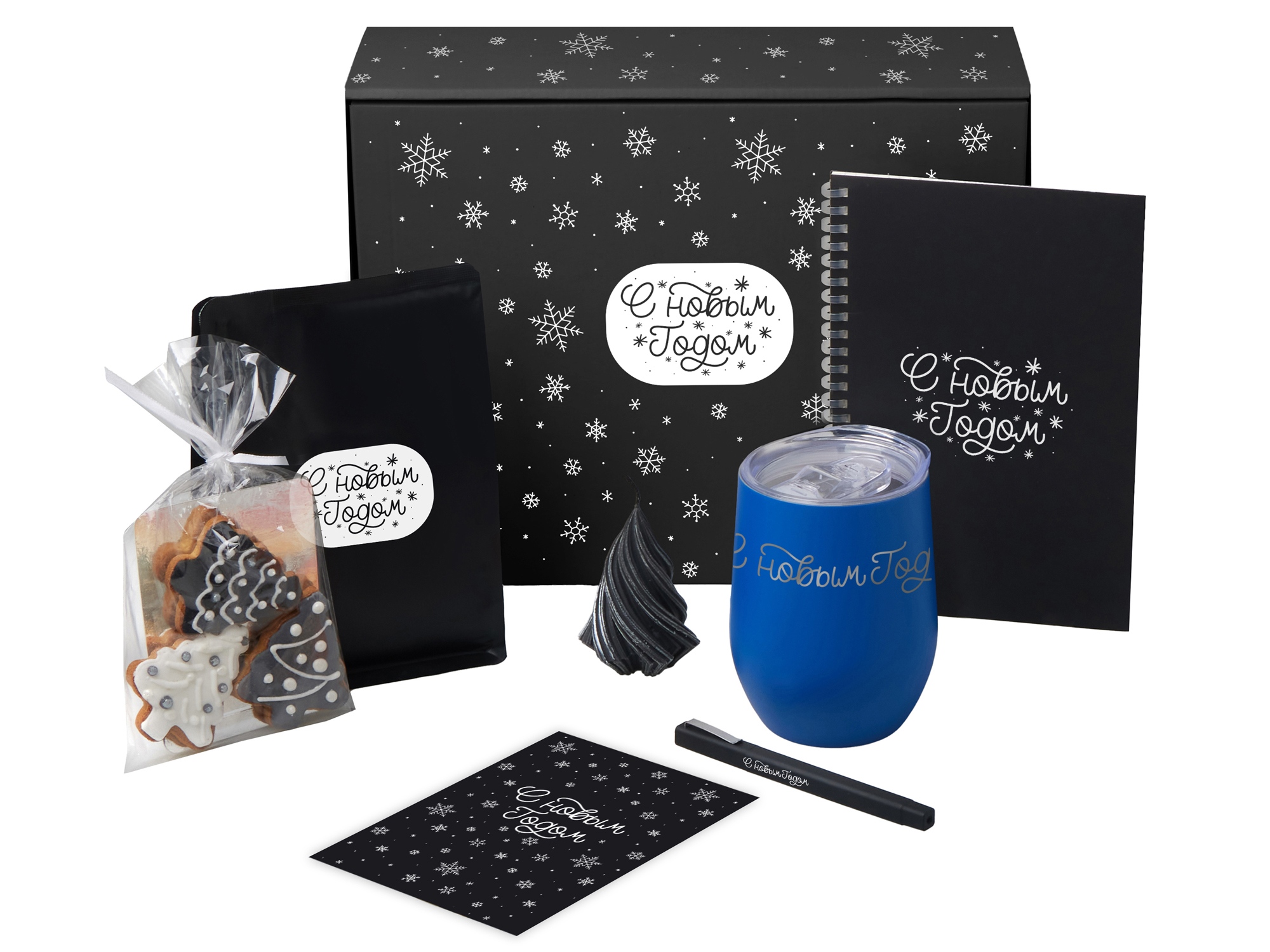 Подарочный набор c термокружкой, блокнотом, ручкой и свечкой, синий