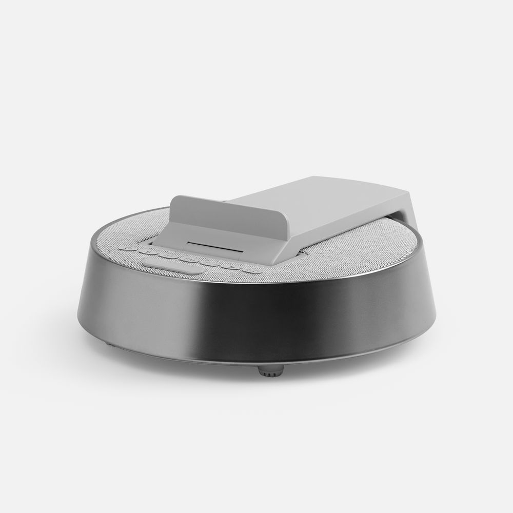 Bluetooth-колонка с беспроводной зарядкой и часами netEnergy, серая Bluetooth-колонка с беспроводной зарядкой и часами netEnergy, серая