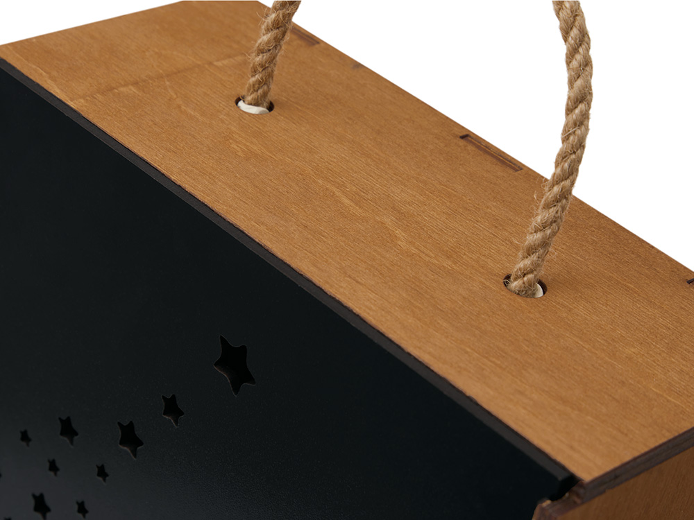 Подарочная коробка из фанеры Constellation 330х220х100 мм, фанера 6 мм, крышка на выдвижных пазах черная ЛХДФ 3 мм, бечевка