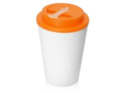 Пластиковый стакан Take away с двойными стенками и крышкой с силиконовым клапаном, 350 мл, белый/оранжевый Пластиковый стакан Take away с двойными стенками и крышкой с силиконовым клапаном, 350 мл, белый/оранжевый
